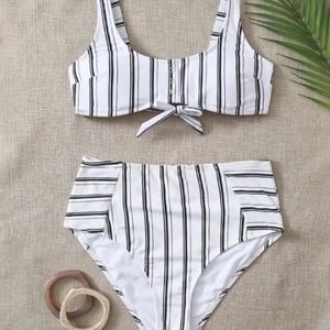 Black and White Striped High Waist Biki
